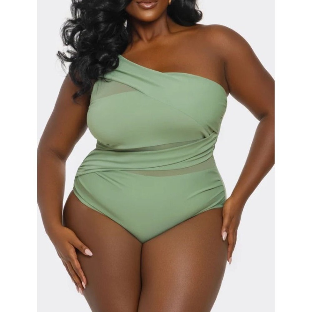 Be Wicked Women's Plus Size 2512 Jaqueline 1pc 1-Shoulder Swimsuit - Green - 3X